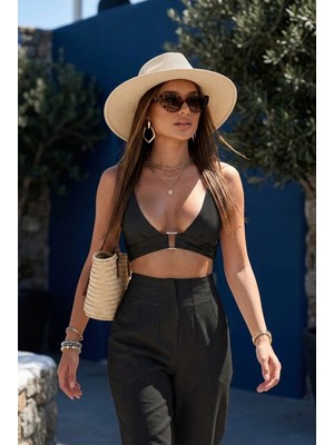 Fashion Cocktail Derin Geniş Göğüs Dekolteli Sexy Kare Metal Tokalı Dokulu Keten Seksi Sütyensiz Çamaşırsız Giyilen Crop Pantolon Tatil Yazlık Takım Set