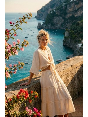 Fashion Cocktail Romantik Fisto Işlemeli V Yaka Önden Bağlamalı Crop Bluz ve Kat Kat Fırfırlı Etek Seti Tiril Tiril Şile Bezi Görünümlü Müslin Etnik Bohem Ikili Takım