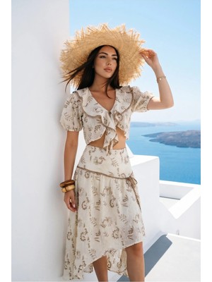 Fashion Cocktail Nakışlı Işlemeli Güpürlü Önden Bağlamalı Balon Kol Crop Bluz ve Yırtmaçlı Asimetrik Uzun Yırtmaç Efekt Etek Yazlık Romantik Vintage Retro Bohem Ikili Takım Kadın Set