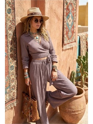 Fashion Cocktail Asimetrik Cepli Lastikli Pantolon Yan Bağlamalı Kollu Crop Yazlık Tatil Dokulu Gofre Kumaşlı Kadın Bohem Boho Takım Set