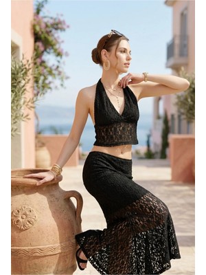 Fashion Cocktail Siyah Dantel Dokulu Feminen Halter Yaka Büstiyer Crop Transparan Midi Etek Gece Takım