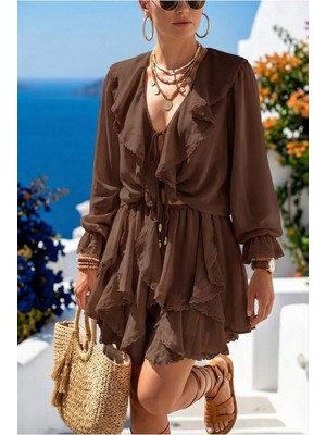 Fashion Cocktail Uçuşan Akışlı Soft Romantik Luxury Volanlı Ege Mood Lastikli Etek Geniş Yaka Bluz Şifon Yazlık Takım