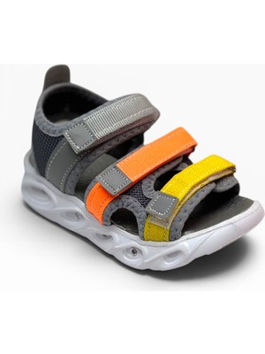 Arzen Bebe 230-26 3 Cırtlı Işıklı Anatomik Çocuk Sandalet Gri Turuncu Sarı 26-30