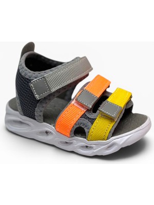 Arzen Bebe 232-26 3 Cırtlı Işıklı Anatomik Çocuk Sandalet Gri Turuncu Sarı 22-25