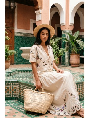 Fashion Cocktail Kanaviçe Işleme Otantik Etnik Bohem Nakış Oya Detaylı Uzun Etek Önden Bağlamalı Kısa Kollu Bluz Natürel Doğal Keten Sahil Yazlık Ikili Takım Kadın Set