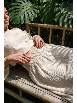 Fashion Cocktail Cepli Elastik Bel Örgü Detaylı Yırtmaçsız Etek Kayık Yaka Geniş Kol Salaş Kısa Crop Bluz Doğal Naturel Müslin Bohem Tatil Sahil Yazlık Ikili Takım Kadın Set