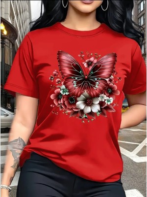 Nigrum Pardus Nıgrum Pardus Tona Ton Kelebek Baskılı %100 Pamuk Yeni Sezon Büyük Beden Kadın T-Shirt