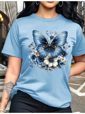 Nigrum Pardus Nıgrum Pardus Tona Ton Kelebek Baskılı %100 Pamuk Yeni Sezon Büyük Beden Kadın T-Shirt