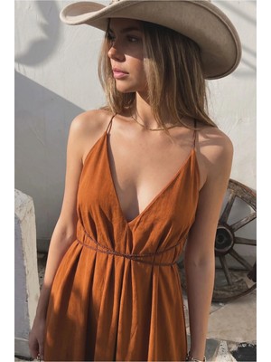 Fashion Cocktail Terracotta Western Çapraz Deri Askılı Vücuda Dolamalı Uçuşan Yazlık Tatil Sahil Maxi Uzun Elbise Taba Tarçın