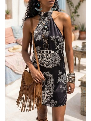 Fashion Cocktail Yaz Akşamı Paisley Şal Desenli Otantik Etnik Kontrast Mini Saten Sırt Dekolte Kokteyl Gece Elbisesi
