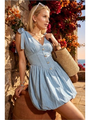 Fashion Cocktail Fiyonk Apoletli Düğmeli Retro Denim Belden Oturtmalı Hacimli Askılı Balon Jean Mini Skater Elbise