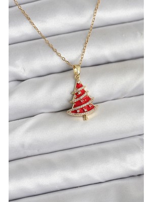 Aslanoğlu Store Mey Ithalat® 316L Çelik Zincir Gold Renk Kırmızı Çam Ağacı Model Yılbaşı Temalı Kadın Kolye