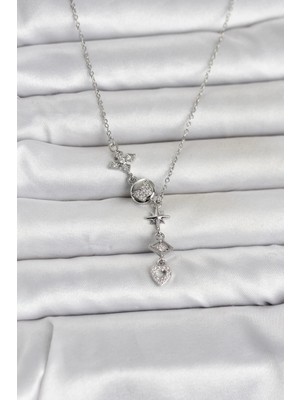 Aslanoğlu Store Mey Ithalat® 316L Çelik Gümüş Renk Zirkon Taşlı Y Kadın Kolye