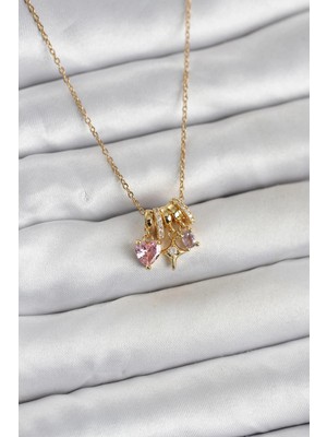 Aslanoğlu Store Mey Ithalat® 316L Çelik Gold Pembe Zirkon Taşlı Charmlı Kadın Kolye