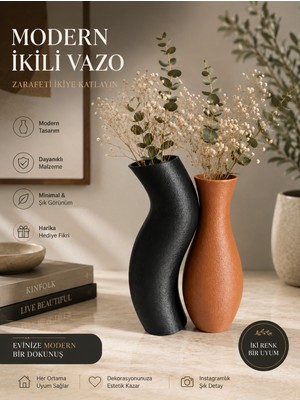 Major Hobi Modern Dekoratif 2’li Vazo Seti Siyah ve Kahverengi 18-17 cm Minimal Tasarım