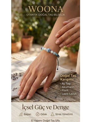Woona Ay & Akumarin & Florit & Lapis Lazuli Taşı Otantik El Yapımı Doğal Taş Başarı,odak ve Stres Yönetimi Bilekliği