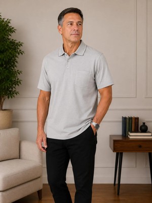 BURSPA Rahat Kesim Yakalı Cepli Erkek Baba Açık Gri Yazlık T-Shirt