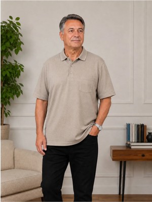 BURSPA Rahat Kesim Yakalı Cepli Erkek Baba Bej Yazlık T-Shirt