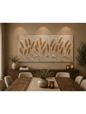 Othello Art Premium Gold Buğday Başaklı Kanvas Tablo Modern Büyük Boy Salon & Yemek Odası Ofis Duvar Tablosu