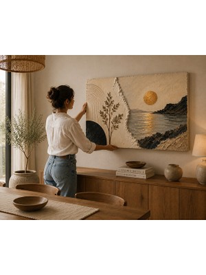 Othello Art Modern Soyut Deniz Manzaralı Kanvas Tablo – Bej Gold Dokulu Bohem Salon & Ofis Duvar Dekoru
