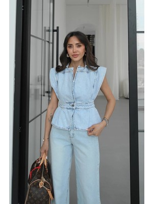 Havoş Buz Mavisi Tek Düğmeli Denim Yelek