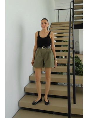 Havoş Haki Jungle Çift Pileli Kemerli Şort