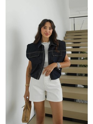 Havoş Koyu Lacivert Fermuarlı Denim Yelek