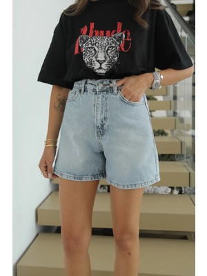 Havoş Açık Mavi Yüksek Bel Denim Şort