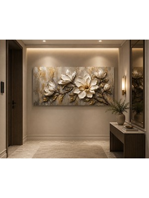 Othello Art Gold Detaylı Çiçekli Kanvas Tablo Modern Gri Beyaz Salon Ofis Duvar Dekoru