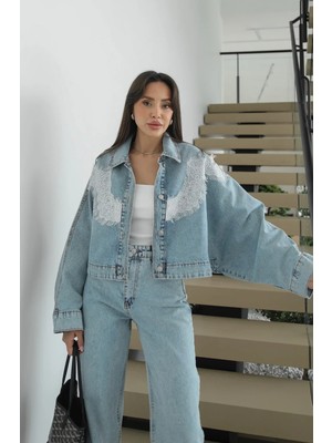 Havoş Açık Mavi Dantel Detaylı Denim Ceket