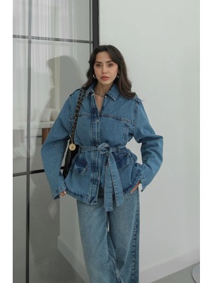 Havoş Mavi Dört Cepli Kuşaklı Denim Ceket