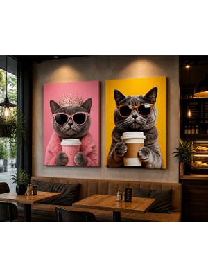 Othello Art 2’li Kedi Kanvas Tablo Seti – Gözlüklü ve Kahveli Eğlenceli Tasarım, Modern Kafe Duvar Dekoru, Premium Tablo