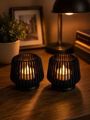Major Hobi Modern Mumluk ve LED Işık Dekoru Siyah Dekoratif Mumluk 2li - 7 cm