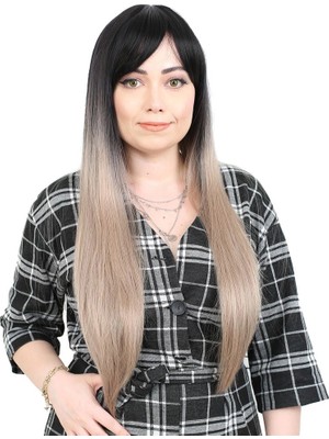 Colezium Fiber Sen Uzun Düz Kahküllü Peruk / Siyah / Küllü Bebek Sarı Ombreli