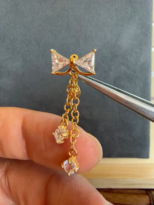 Aida Jewelss %100 316 L Cerrahi Çelik Papyon Sallantılı Tek Taş Zincirli Çelik Göbek Piercingi