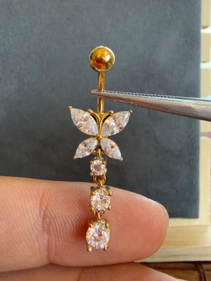 Aida Jewelss %100 316 L Cerrahi Çelik Markiz Kesim Parlak Taşlı Kelebek Çelik Göbek Piercingi