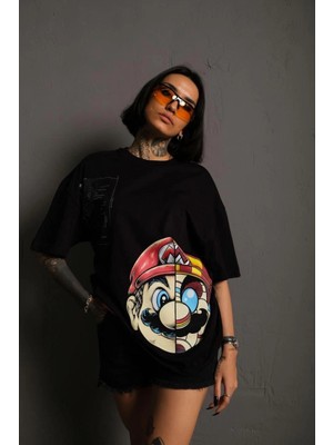 Hsc Bilişim Kadın Mario Baskılı T-Shirt Oversize Kısa Kol Bisiklet Yaka Tişort - Siyah