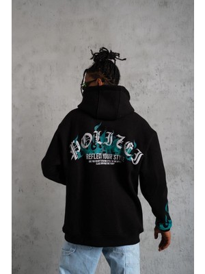 Hsc Bilişim Üç Iplik Içi Pamuklu Alev Baskılı Kapüşonlu Sweatshirt - Siyah