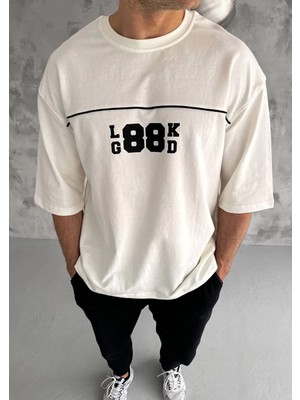 Hsc Bilişim Bisiklet Yaka Baskılı Oversize T-Shirt - Beyaz