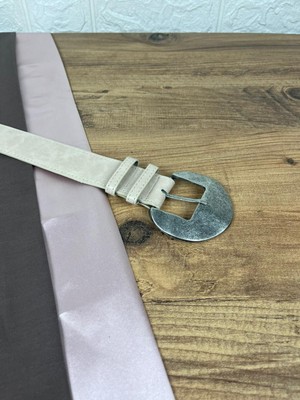 Paşala Leather Suni Deri Kadın Kemer Bej Eskitme Gümüş Yuvarlak Tokalı 3,5 cm Genişlik Dikişli Elbise Uyumlu Kutulu