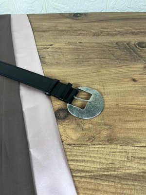 Paşala Leather Suni Deri Kadın Kemer Siyah Eskitme Gümüş Yuvarlak Tokalı 3,5 cm Genişlik Dikişli Elbise Uyumlu Kutulu
