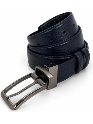 Paşala Leather Erkek Çift Taraflı Kemer 3.5 cm Siyah ve Lacivert Floter Baskılı Döner Tokalı Klasik Günlük Kullanıma Uygun Şık Tasarım