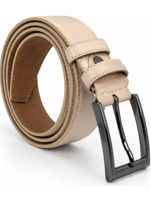 Paşala Leather Hakiki Deri Erkek Klasik Kemer Bej 3,5 cm Çift Kat Deri Dayanıklı Tokalı Kutulu Teslimat