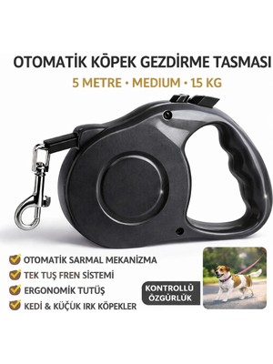 Colezium Karamel Otomatik  Köpek Gezdirme Tasması Medium 5 Metre 15 kg Siyah