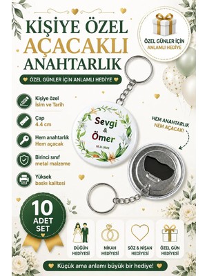 Kişiye Özel Açacaklı Anahtarlık Evlilik Düğün Nişan Hediye 44 mm ( 10 Adet )