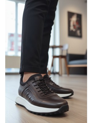 Enoch Erkek Deri Kahverengi Deri Dokulu Hafif Kalın Beyaz Tabanlı Bağcıklı Günlük Spor Ayakkabı Sneaker