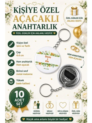 Kişiye Özel Açacaklı Anahtarlık Evlilik Düğün Nişan Hediye 44 mm ( 10 Adet )
