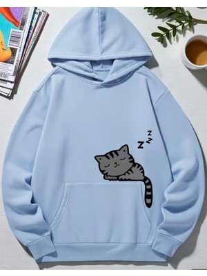 Nigrum Pardus Nıgrum Pardus Kapüşonlu Uykucu Kedi Baskılı 2 Iplik Şardonlu Kız-Erkek Çocuk Sweatshirt