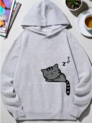 Nigrum Pardus Nıgrum Pardus Kapüşonlu Uykucu Kedi Baskılı 2 Iplik Şardonlu Kız-Erkek Çocuk Sweatshirt