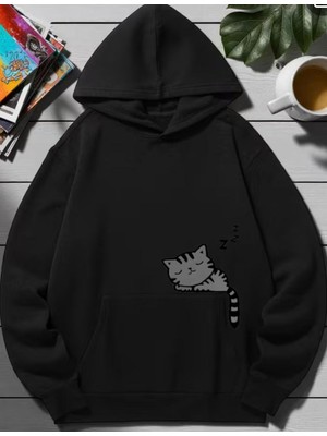 Nigrum Pardus Nıgrum Pardus Kapüşonlu Uykucu Kedi Baskılı 2 Iplik Şardonlu Kız-Erkek Çocuk Sweatshirt